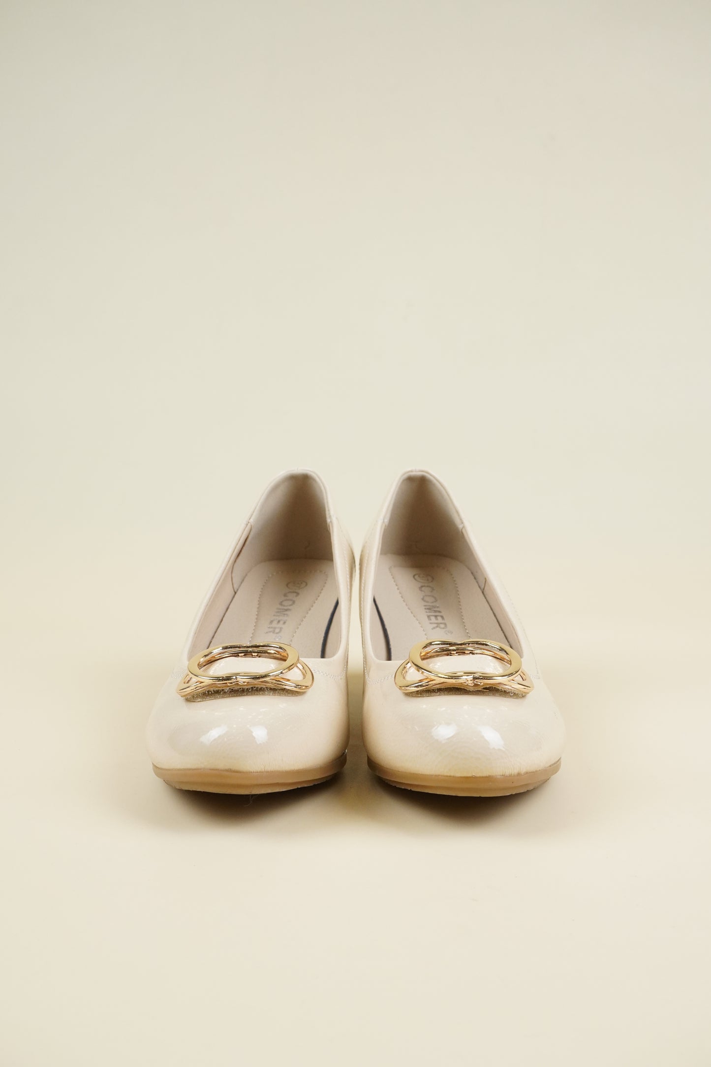 Patent Leather Pumps Low Heel - Beige