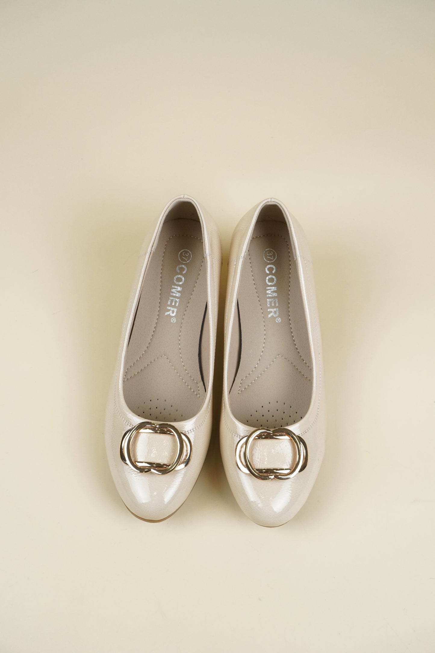 Patent Leather Pumps Low Heel - Beige