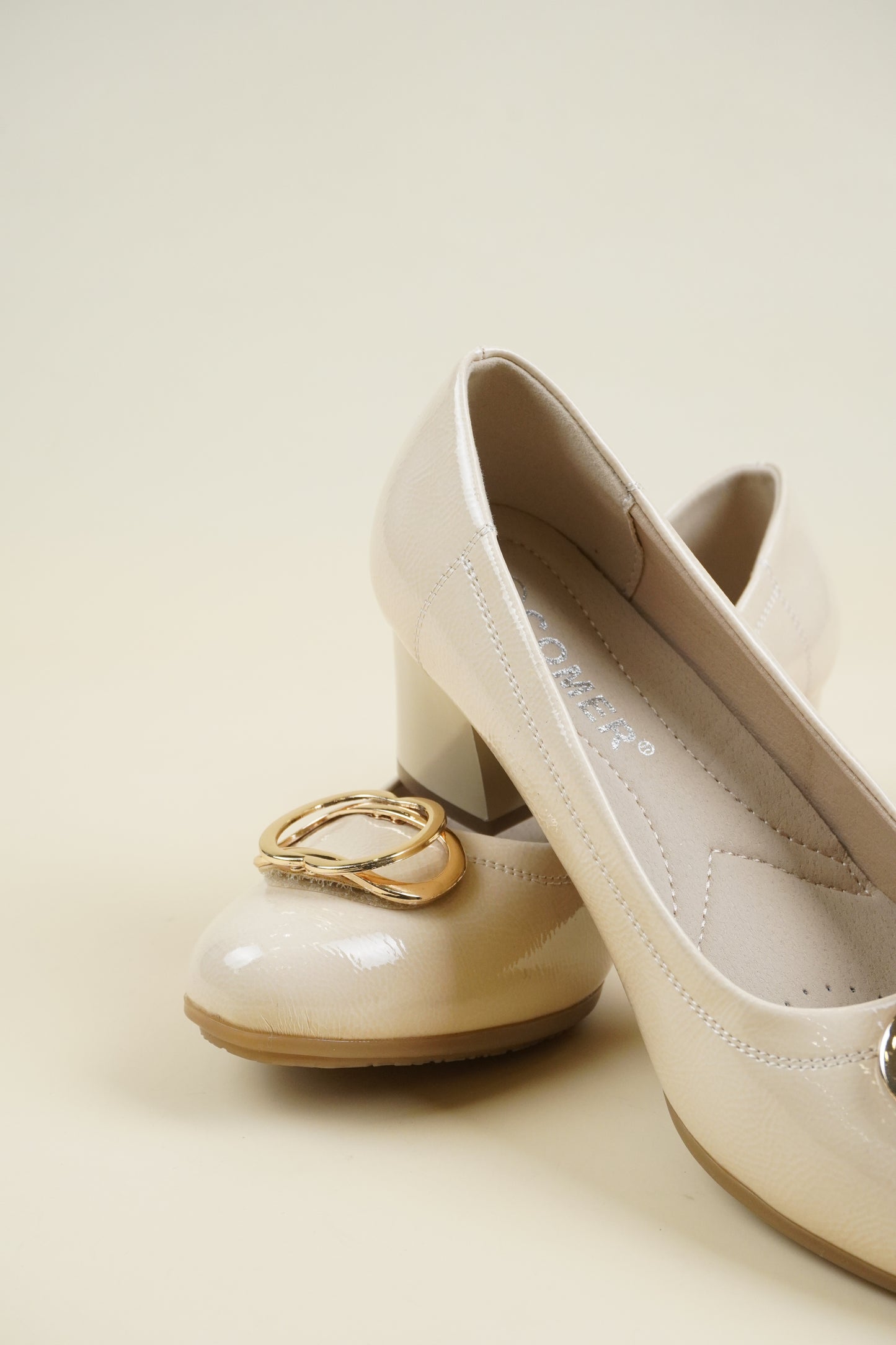 Patent Leather Pumps Low Heel - Beige