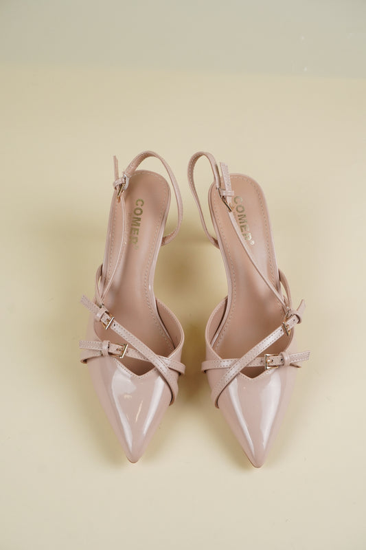 Buckle-Strap Slingback Heels - Nude