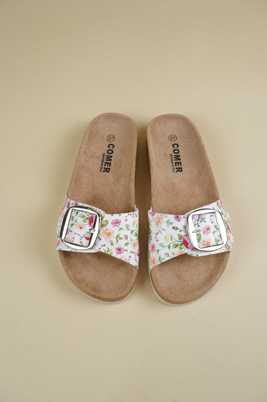 Single-Buckle Slippers - Green Flower