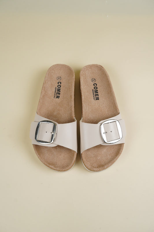 Single-Buckle Slippers - Beige