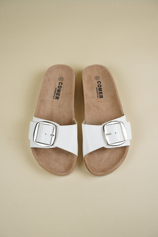 Single-Buckle Slippers - White