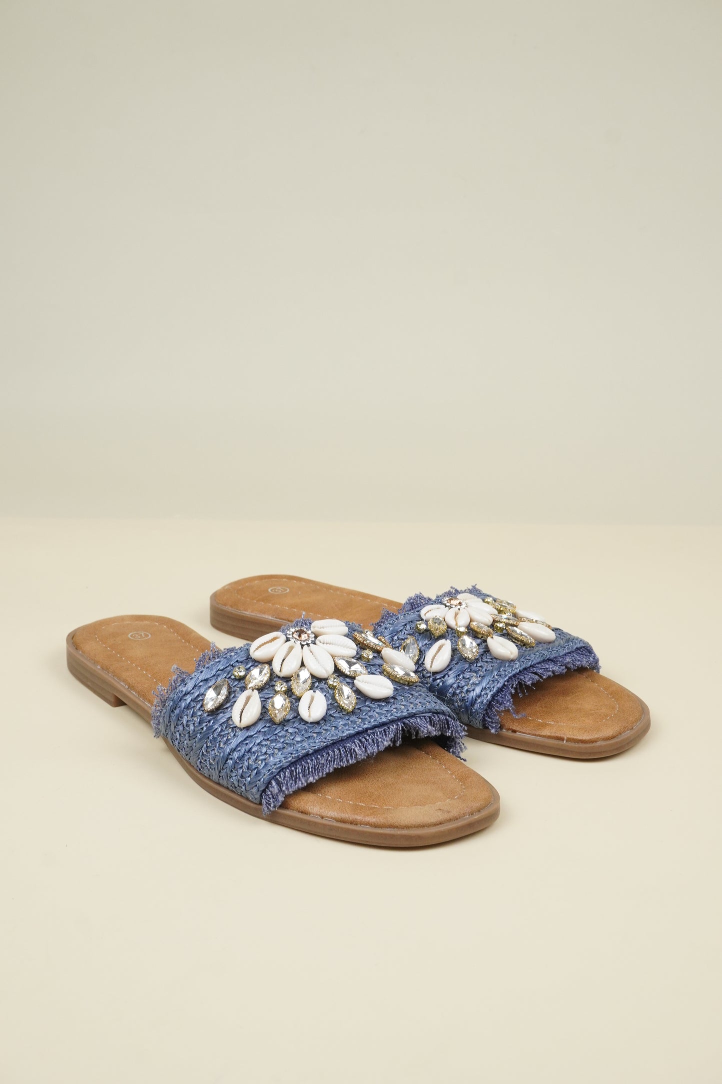 Shell & Rhinestone Decor Raw Trim Slippers - Blue
