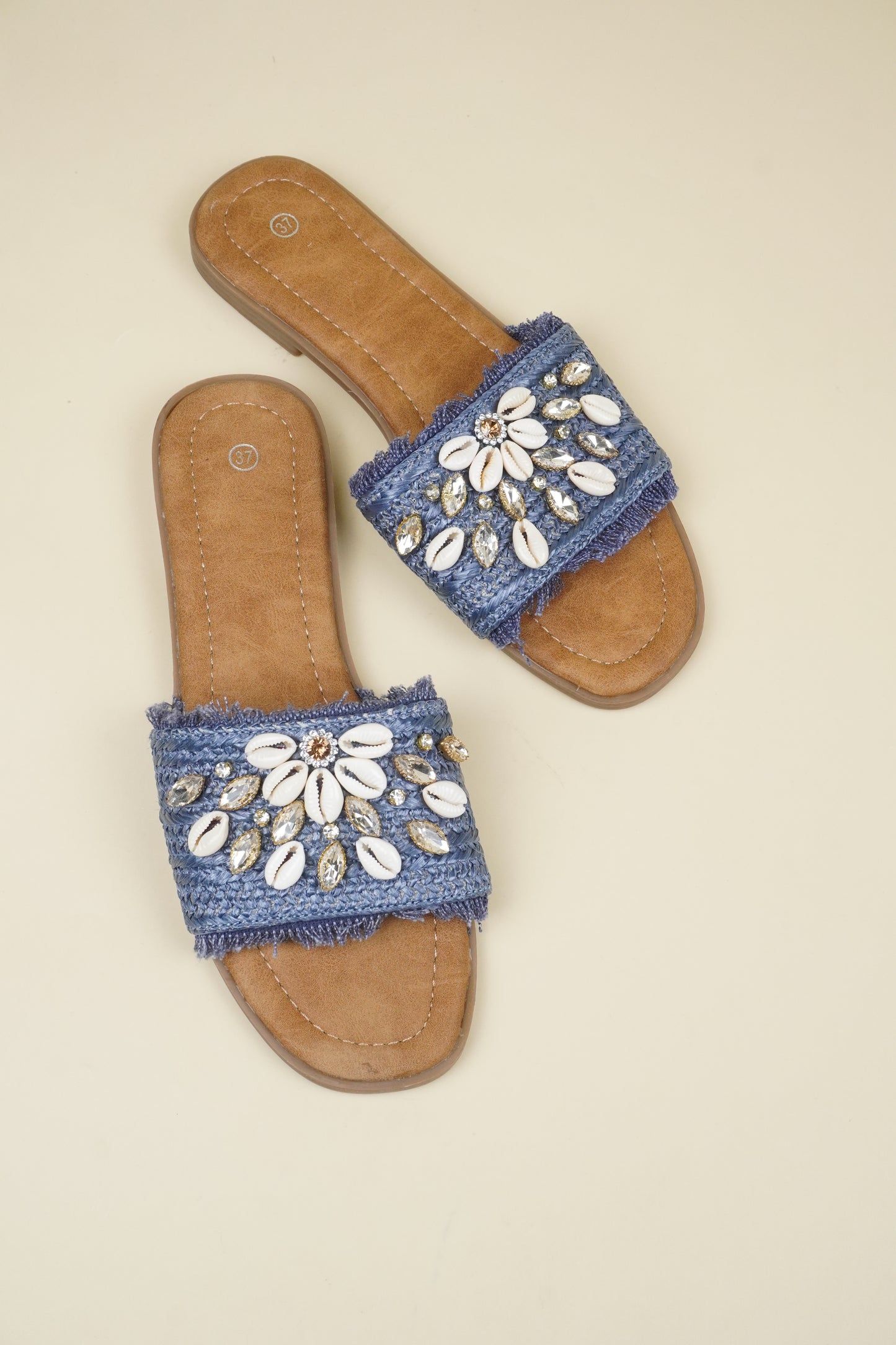 Shell & Rhinestone Decor Raw Trim Slippers - Blue