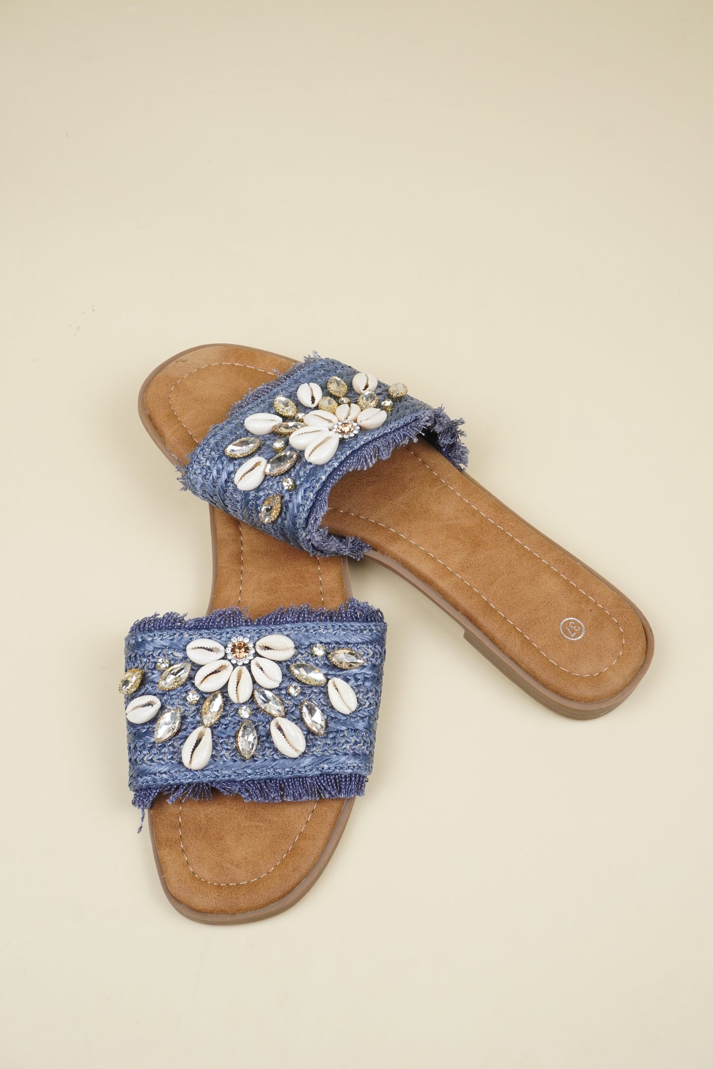 Shell & Rhinestone Decor Raw Trim Slippers - Blue
