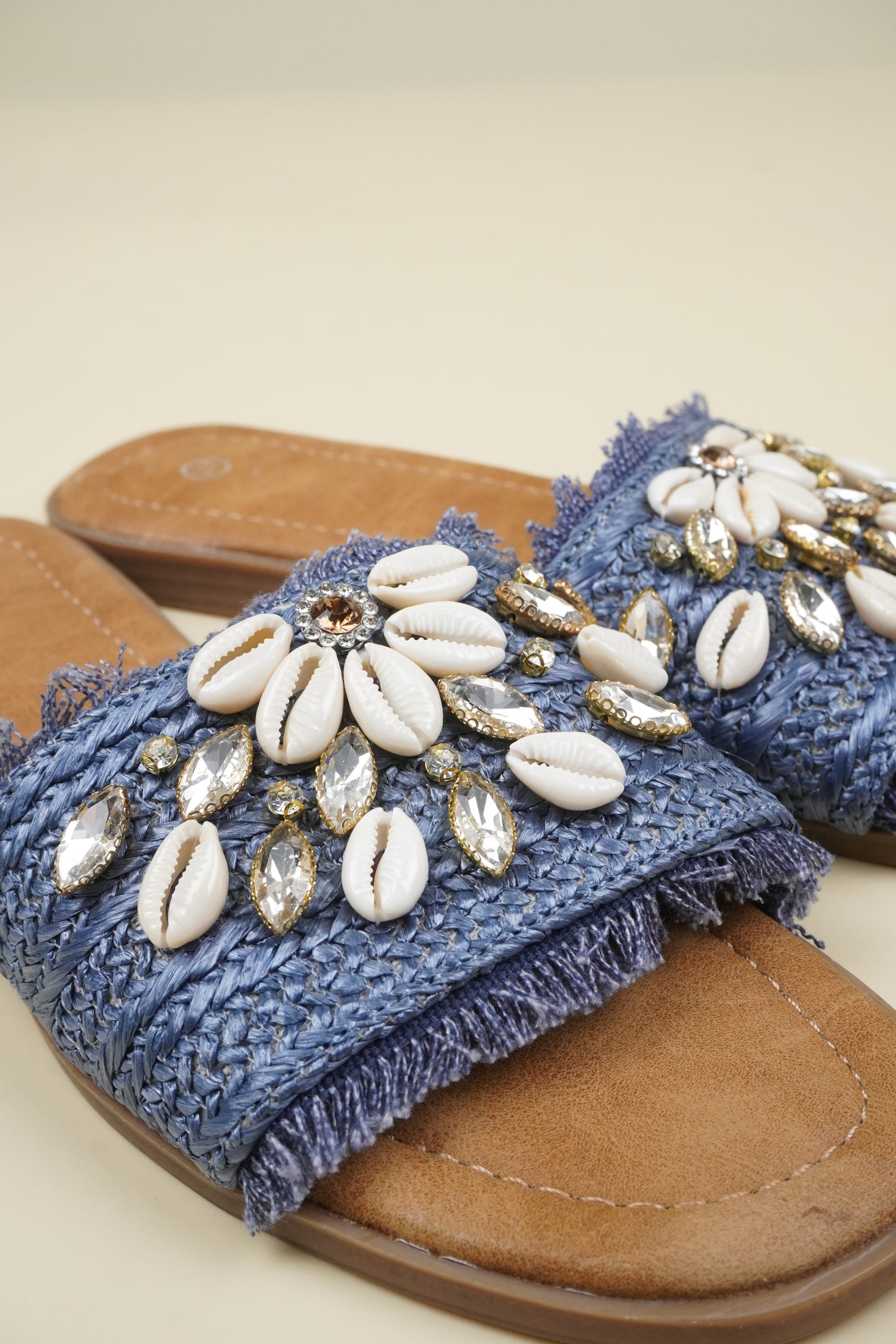 Shell & Rhinestone Decor Raw Trim Slippers - Blue