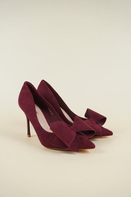 Suede Bow Heels - Wine