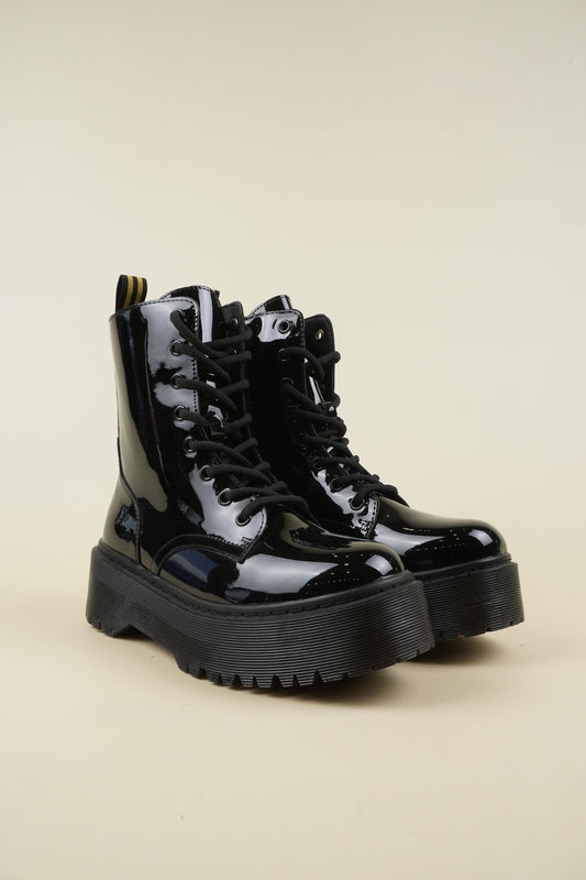 Platformed Combat Boots - Mirror Black