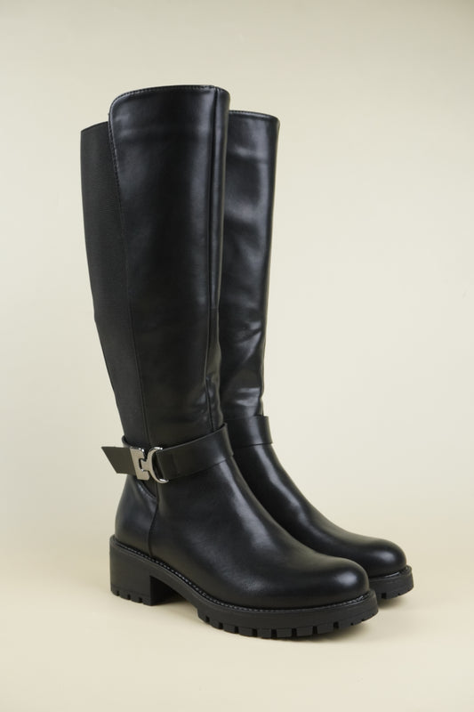 Women's Knee High Boots with Side Buckle - Black