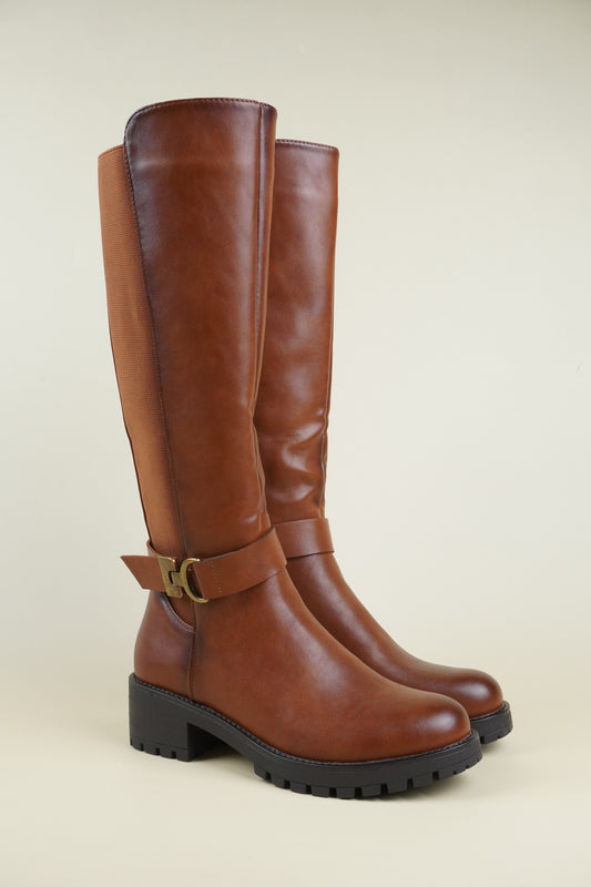 Women's Knee High Boots with Side Buckle - Camel