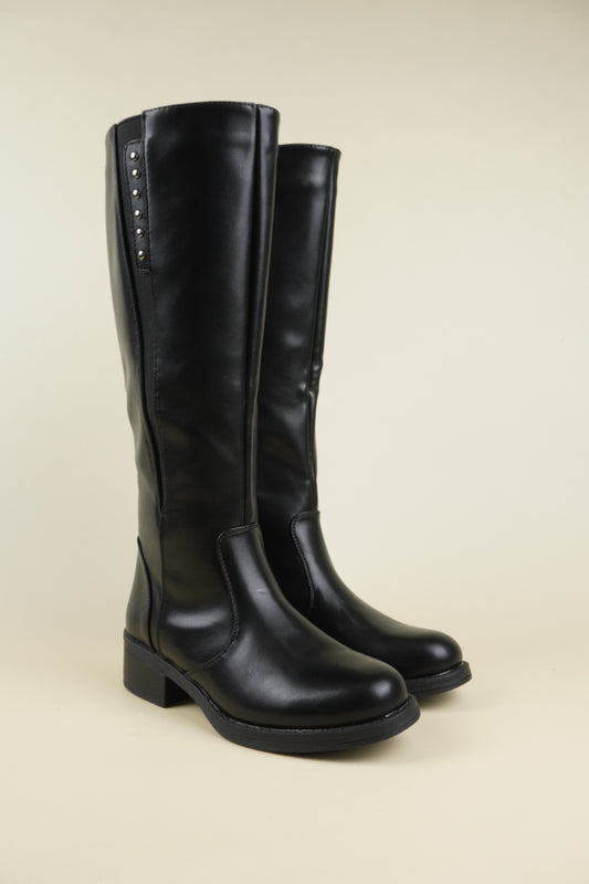 Knee High Boots with Minimal Decorative Studs - Black