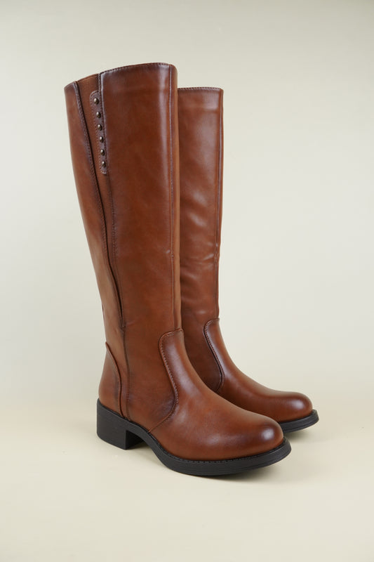 Knee High Boots with Minimal Decorative Studs - Camel