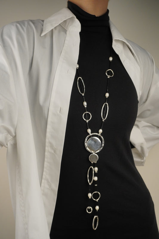 Ezüst és Gyöngy Hosszú Nyaklánc