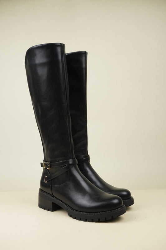 Women's Knee High Boots with Buckle Strap - Black