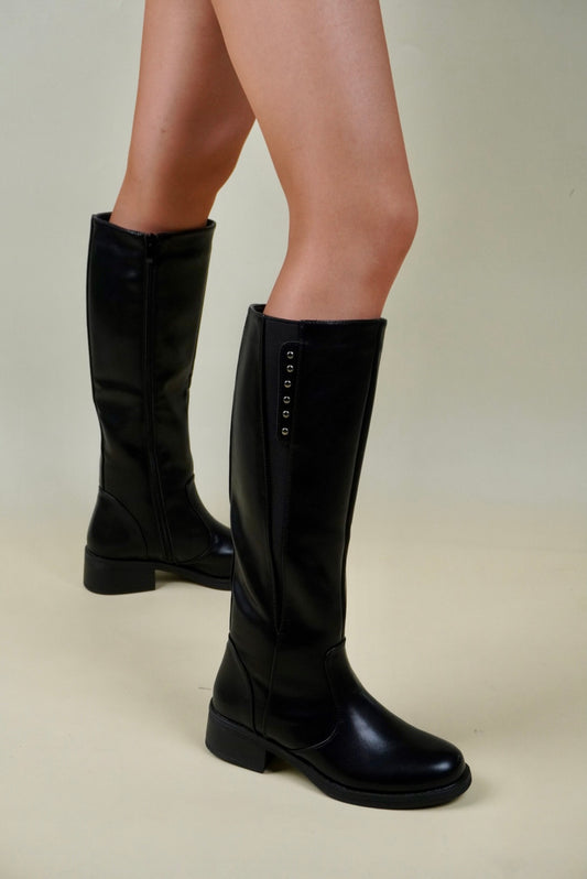 Knee High Boots with Minimal Decorative Studs - Black