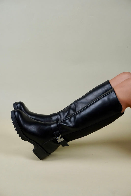 Women's Knee High Boots with Side Buckle - Black
