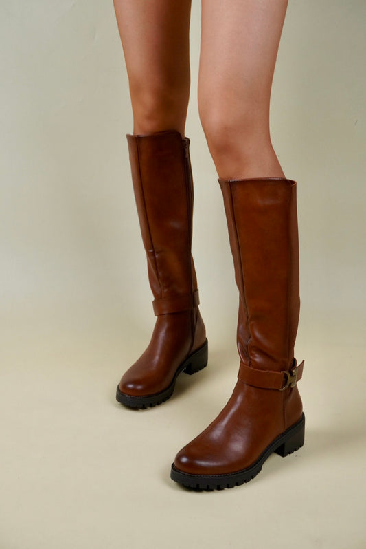 Women's Knee High Boots with Side Buckle - Camel