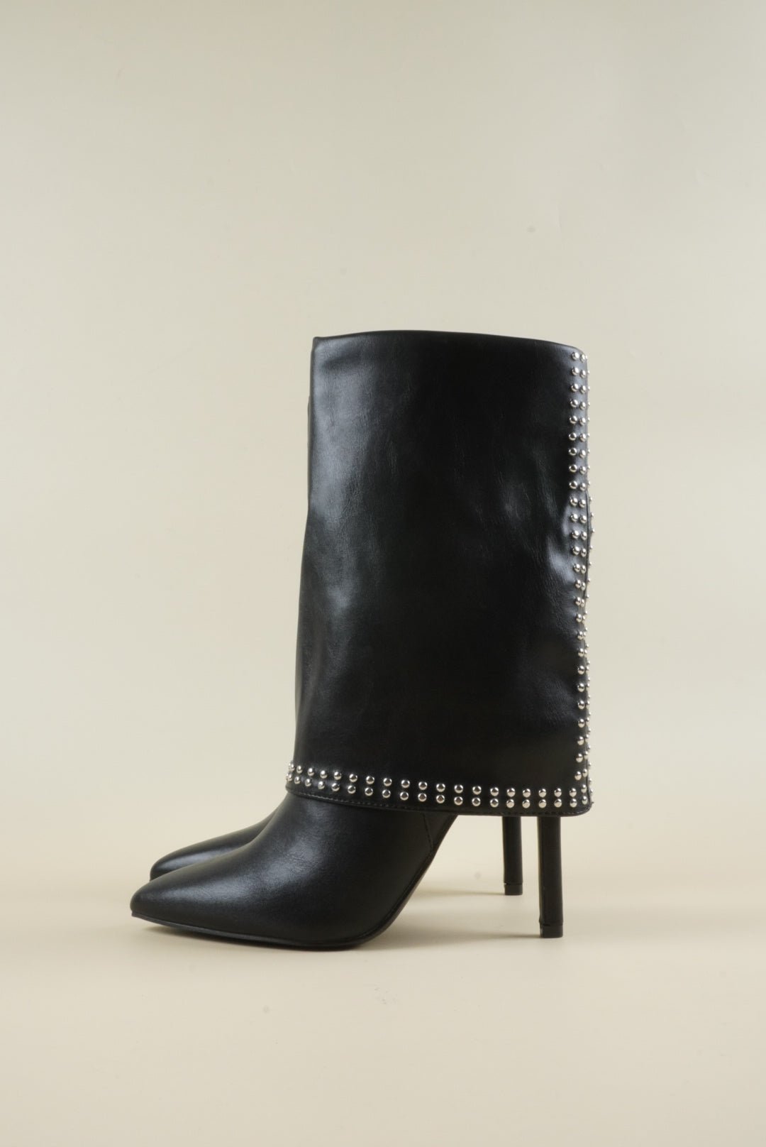 Studded Fold-Over Mid-Calf Boots - Black