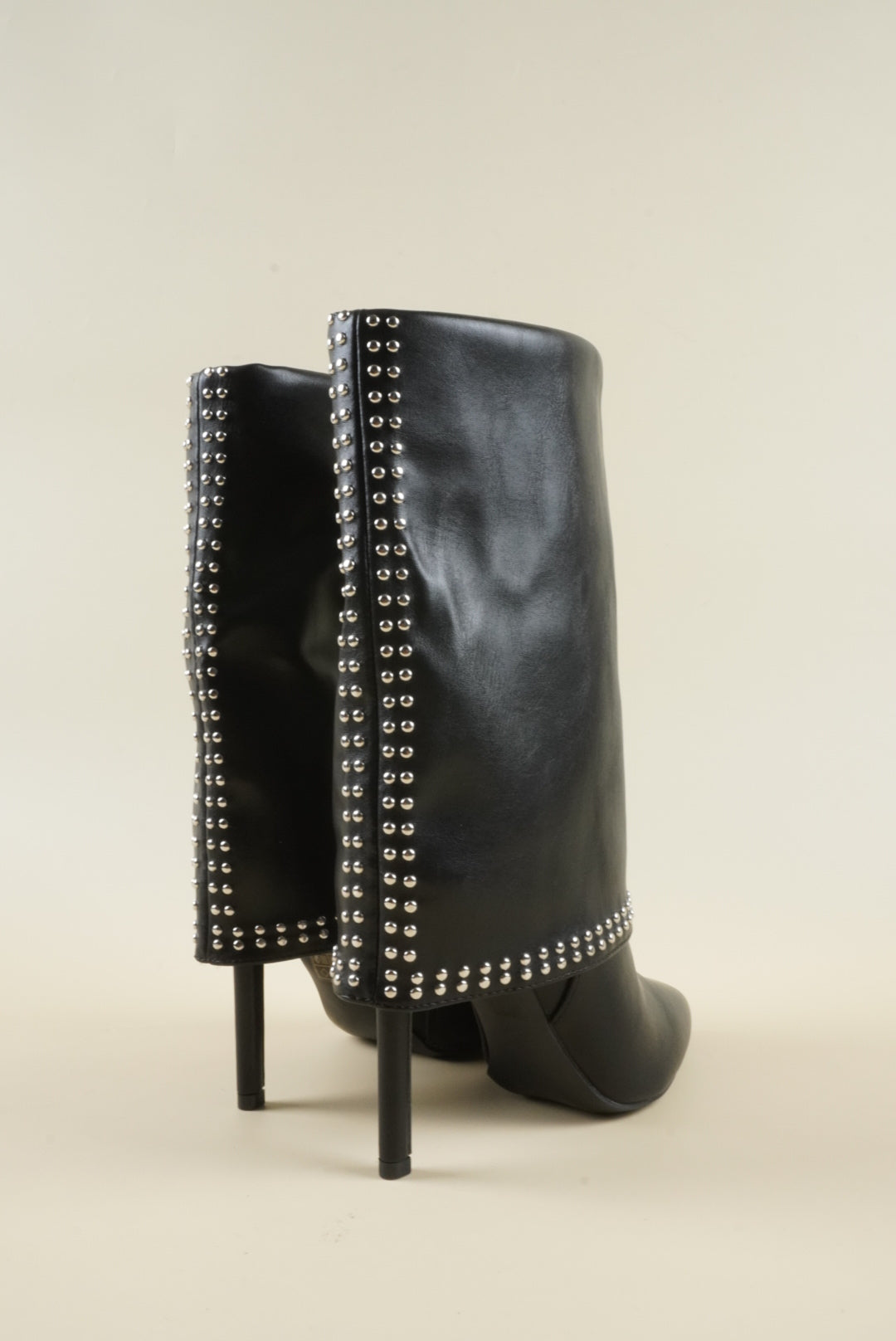 Studded Fold-Over Mid-Calf Boots - Black