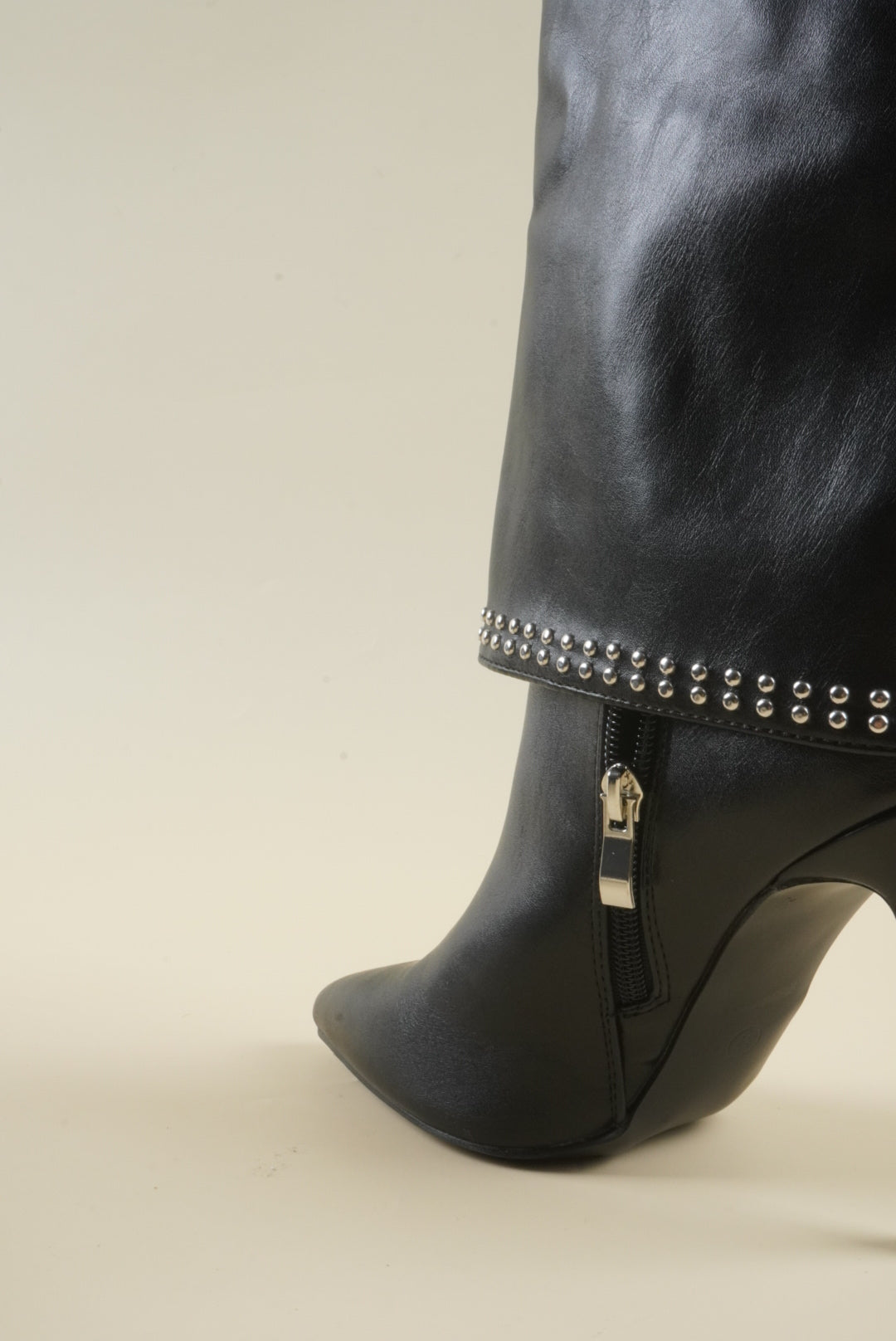 Studded Fold-Over Mid-Calf Boots - Black