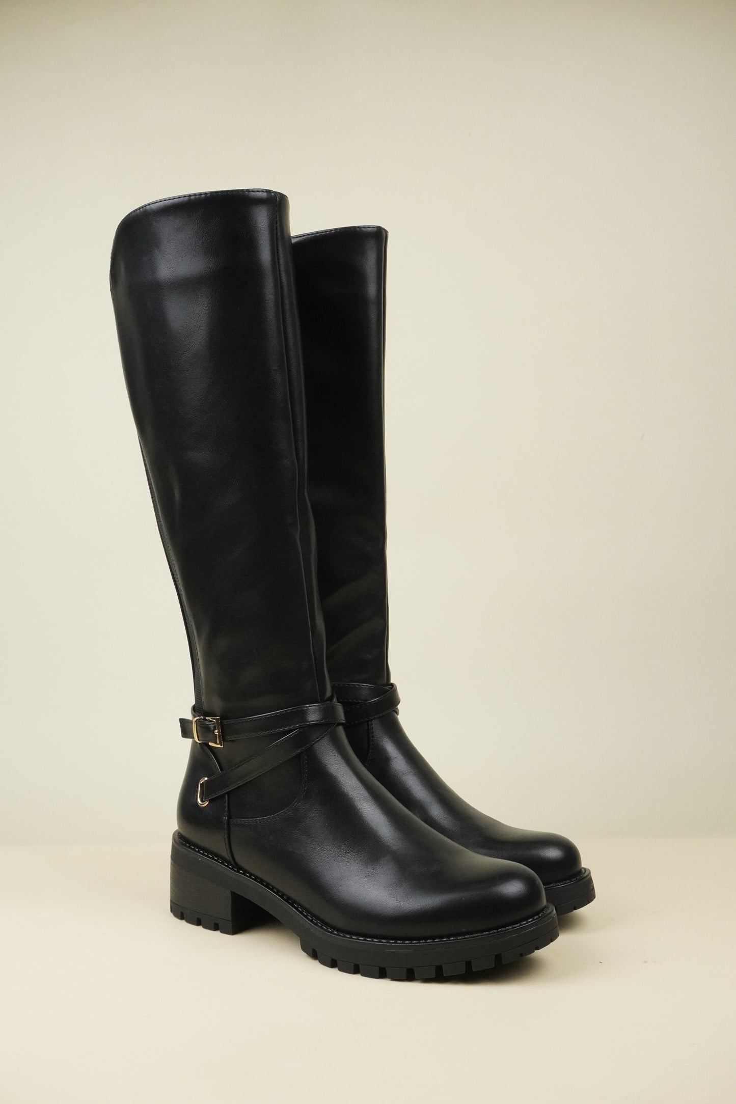 Women's Knee High Boots with Buckle Strap - Black