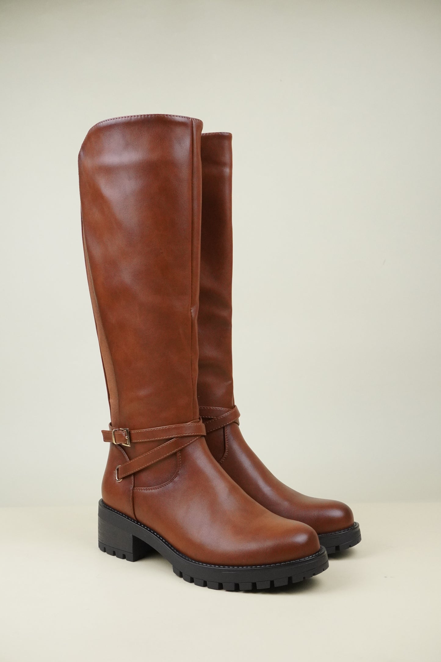 Women's Knee High Boots with Buckle Strap - Camel