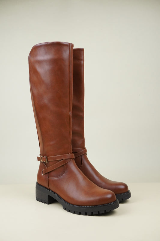 Women's Knee High Boots with Buckle Strap - Camel