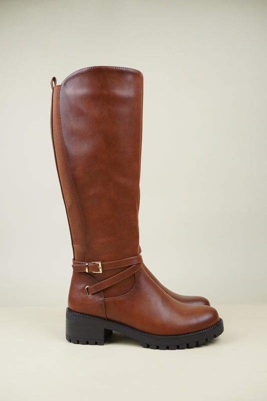 Women's Knee High Boots with Buckle Strap - Camel