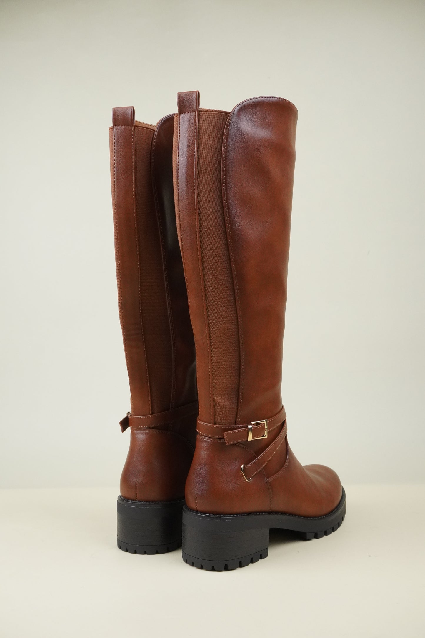 Women's Knee High Boots with Buckle Strap - Camel