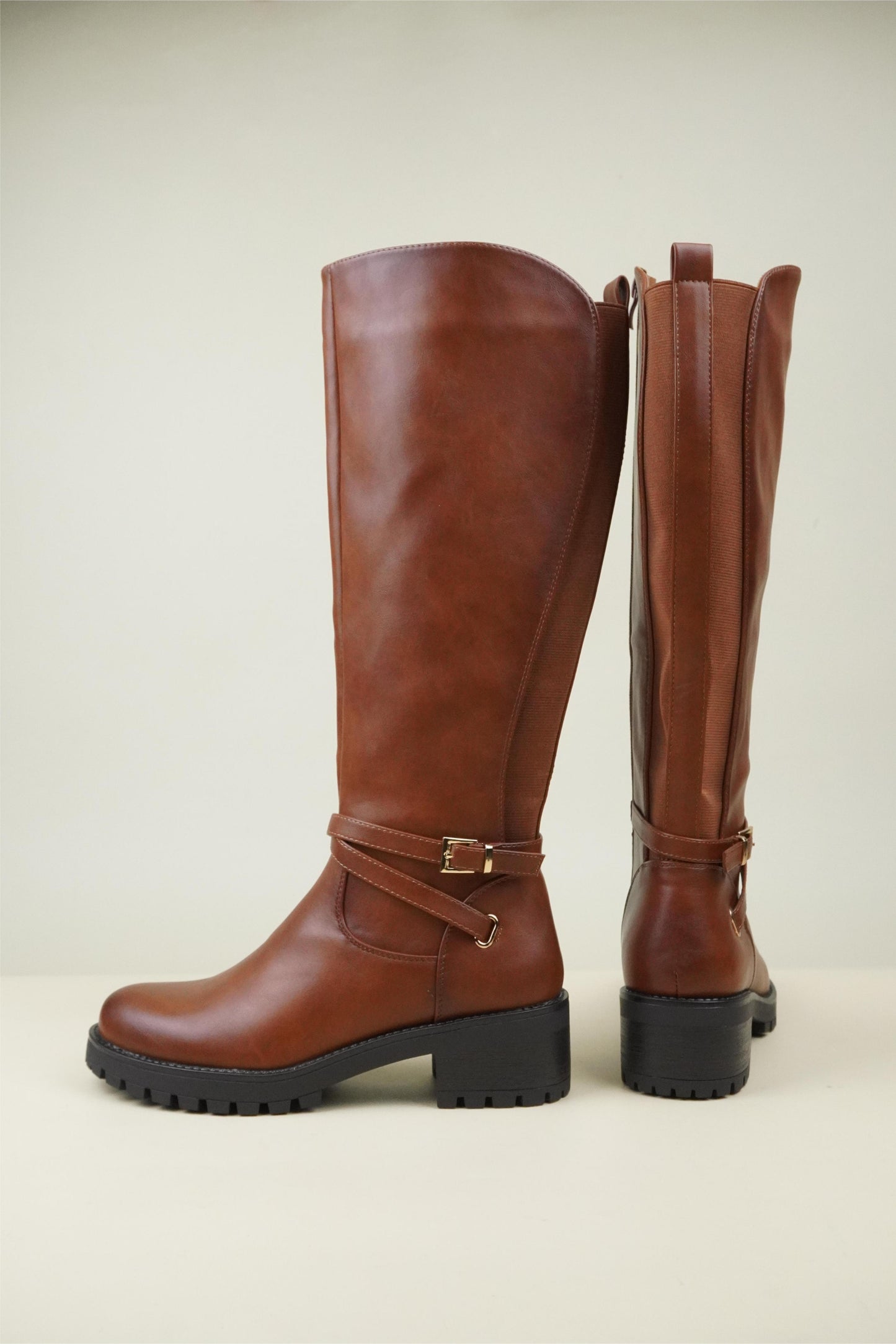 Women's Knee High Boots with Buckle Strap - Camel