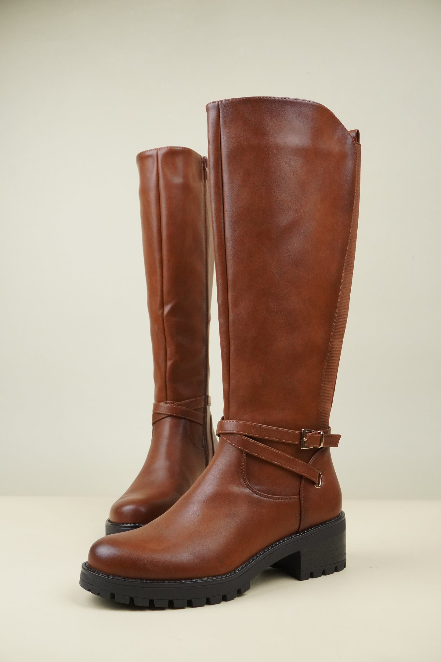 Women's Knee High Boots with Buckle Strap - Camel