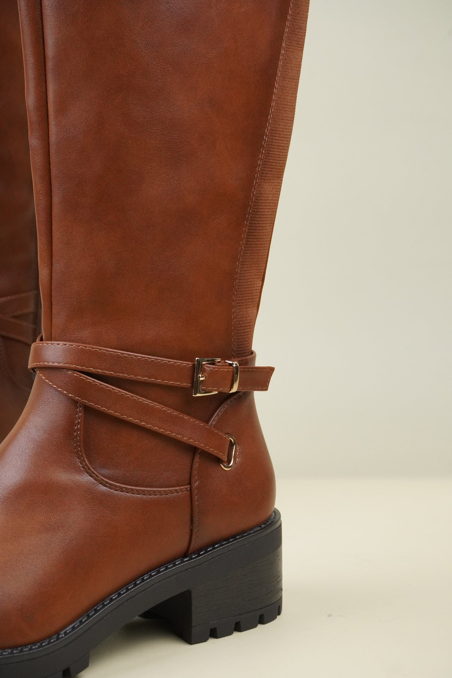 Women's Knee High Boots with Buckle Strap - Camel