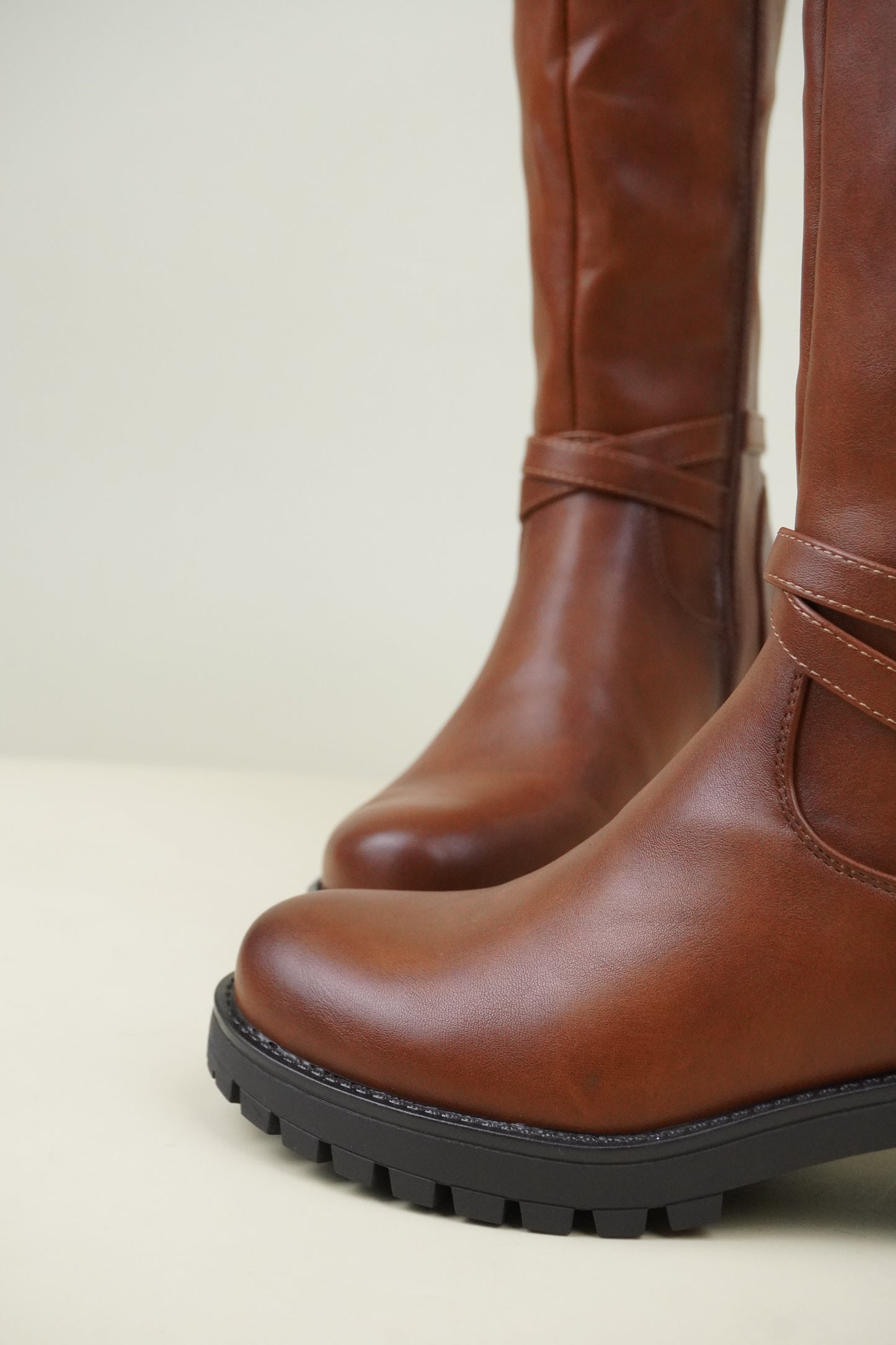 Women's Knee High Boots with Buckle Strap - Camel