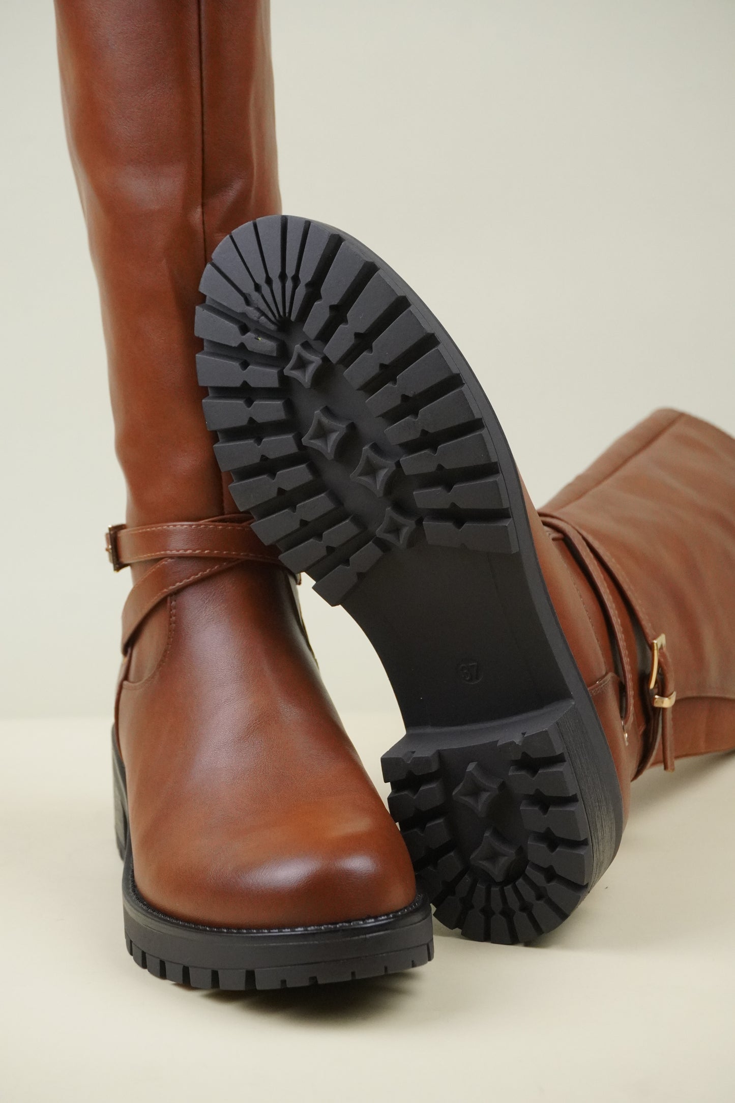 Women's Knee High Boots with Buckle Strap - Camel