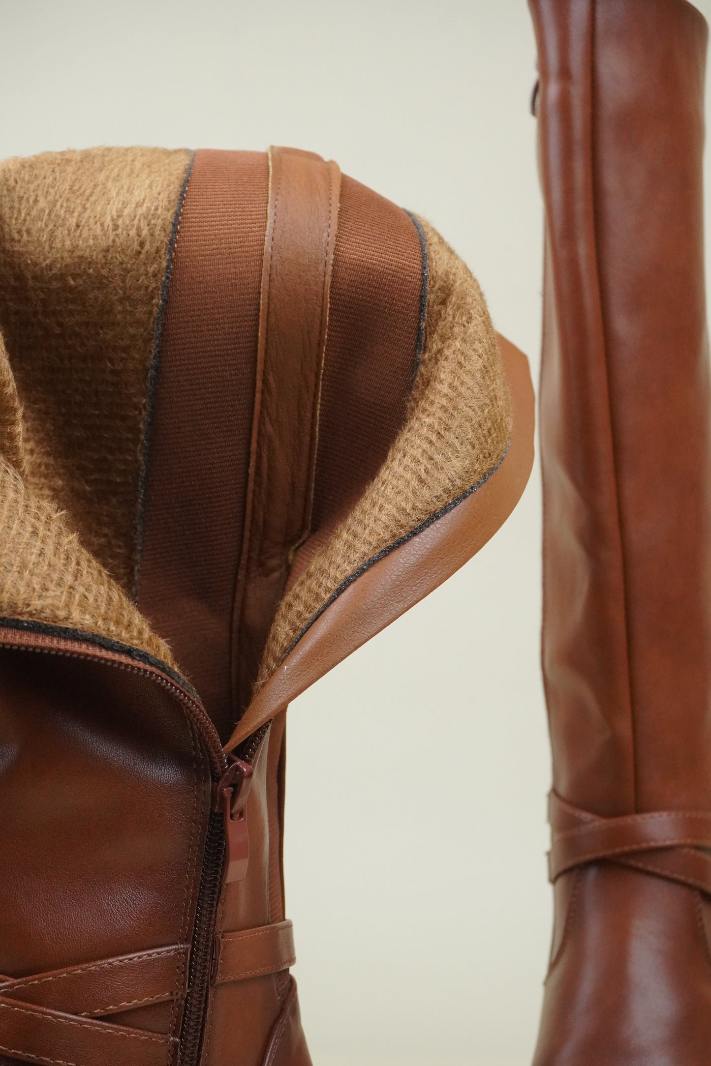 Women's Knee High Boots with Buckle Strap - Camel