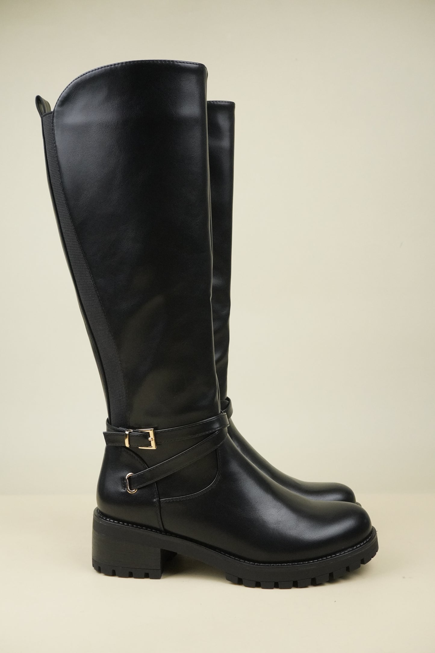 Women's Knee High Boots with Buckle Strap - Black