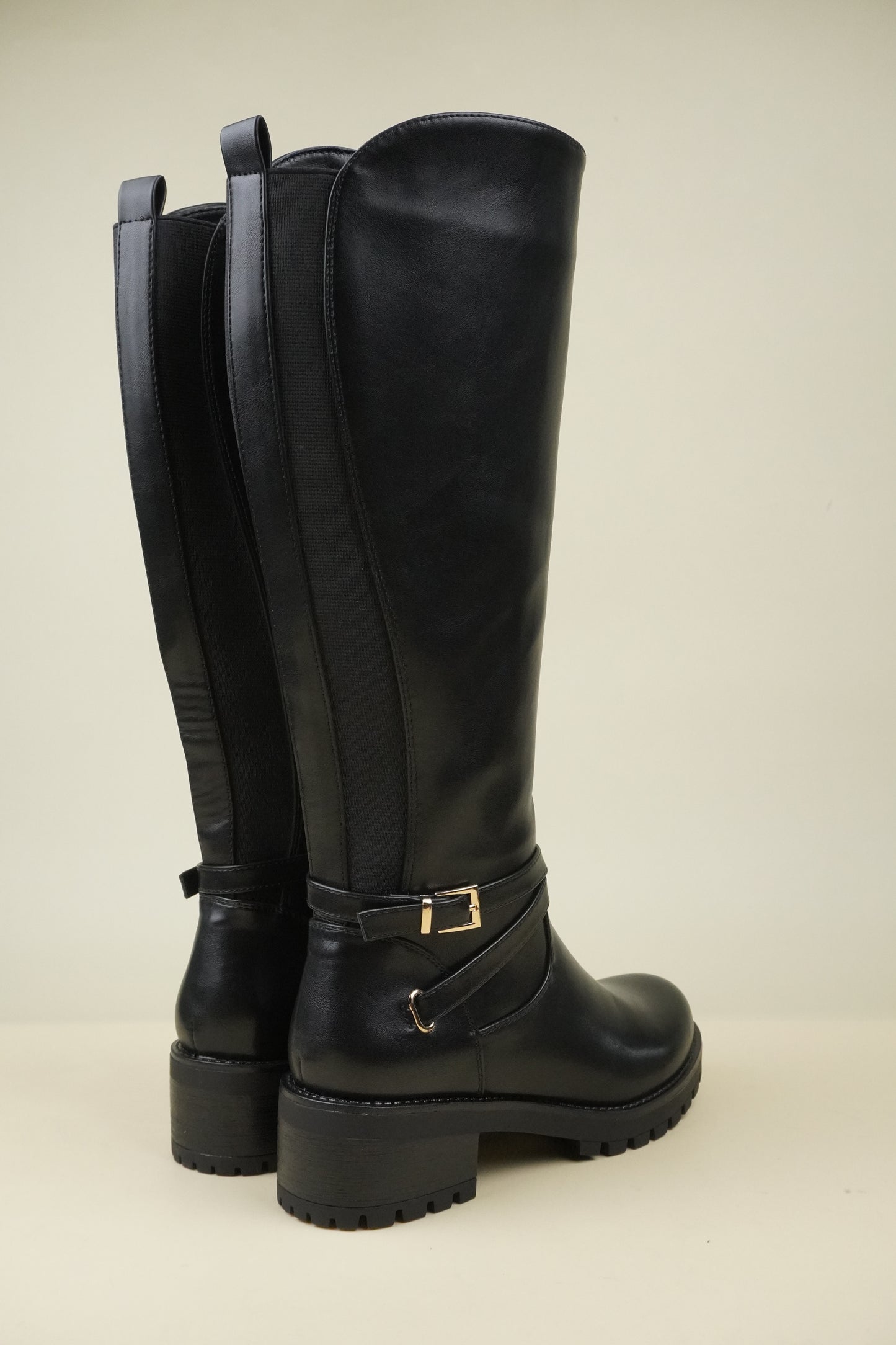 Women's Knee High Boots with Buckle Strap - Black