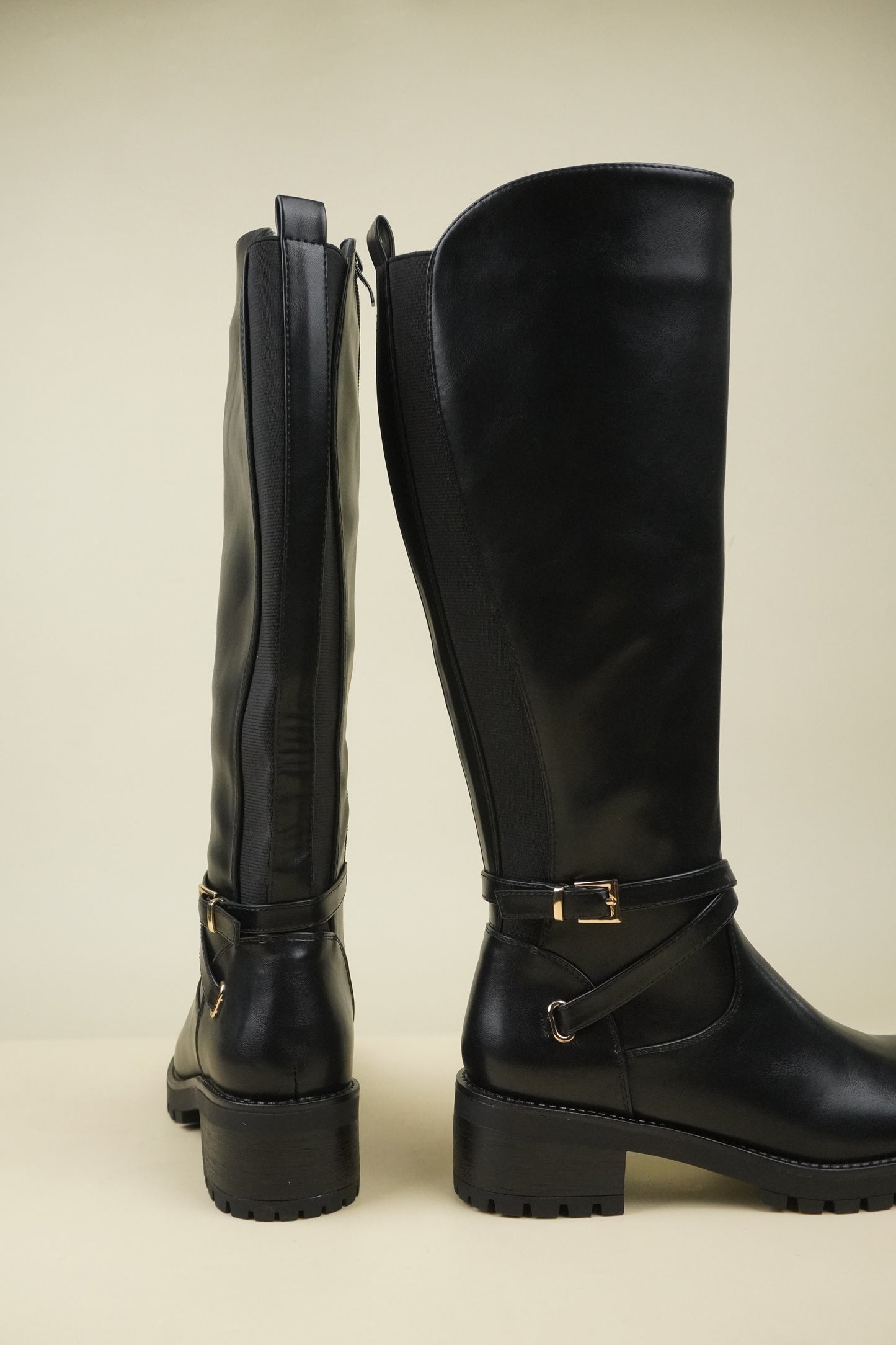 Women's Knee High Boots with Buckle Strap - Black