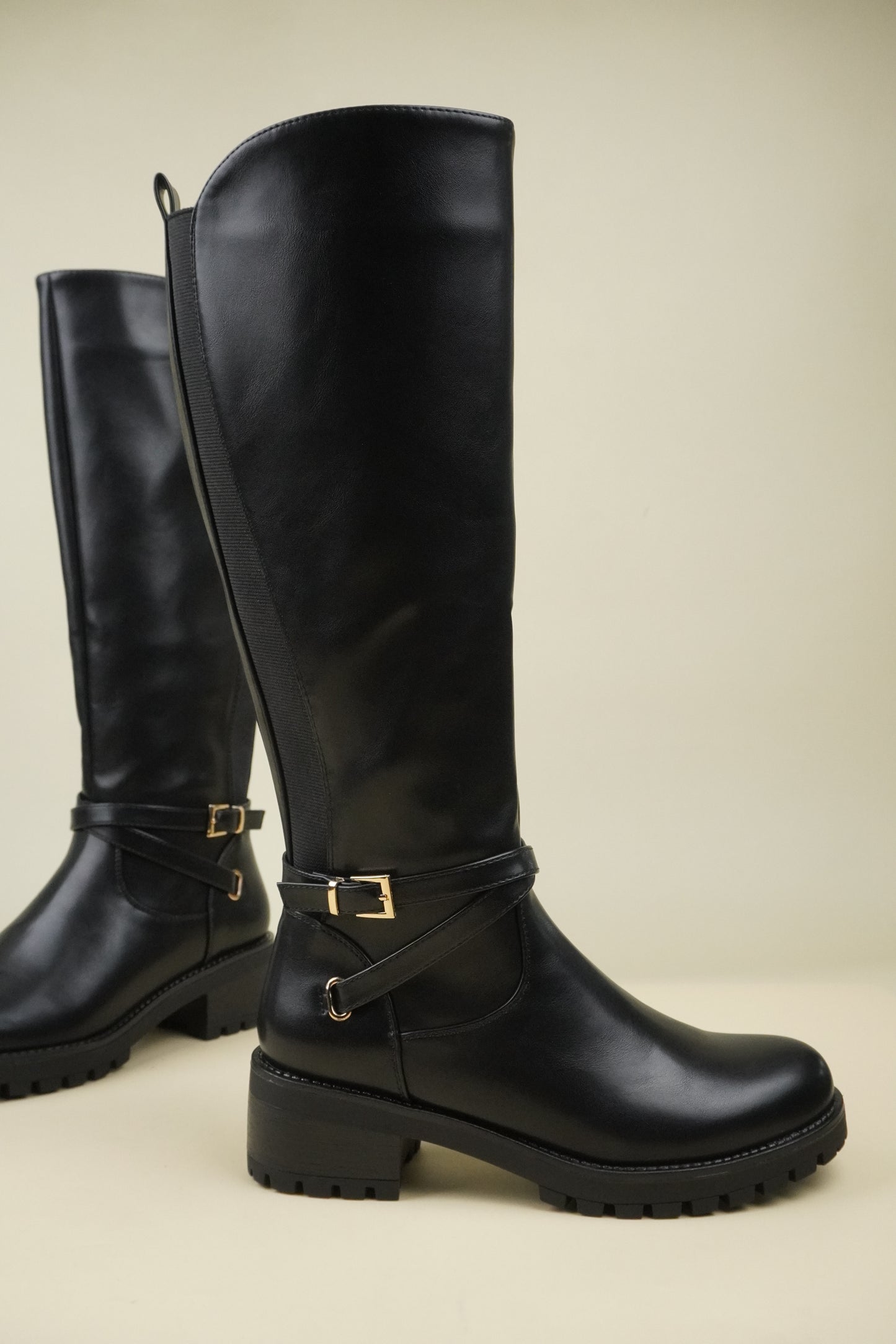 Women's Knee High Boots with Buckle Strap - Black