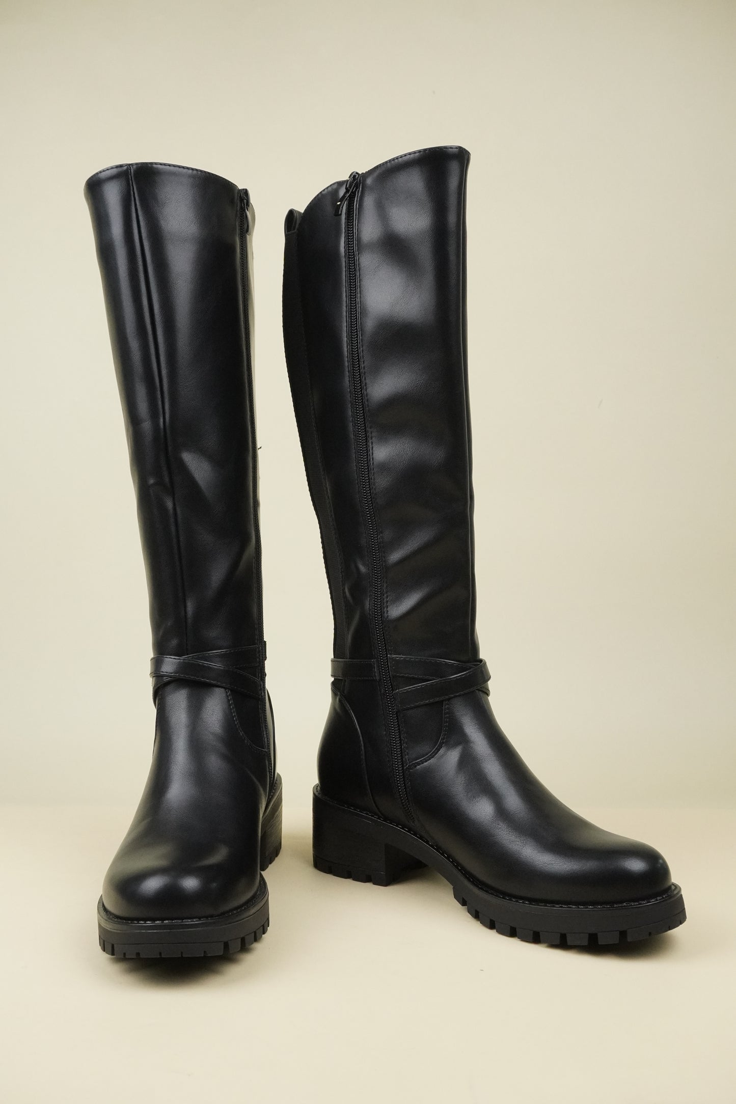 Women's Knee High Boots with Buckle Strap - Black