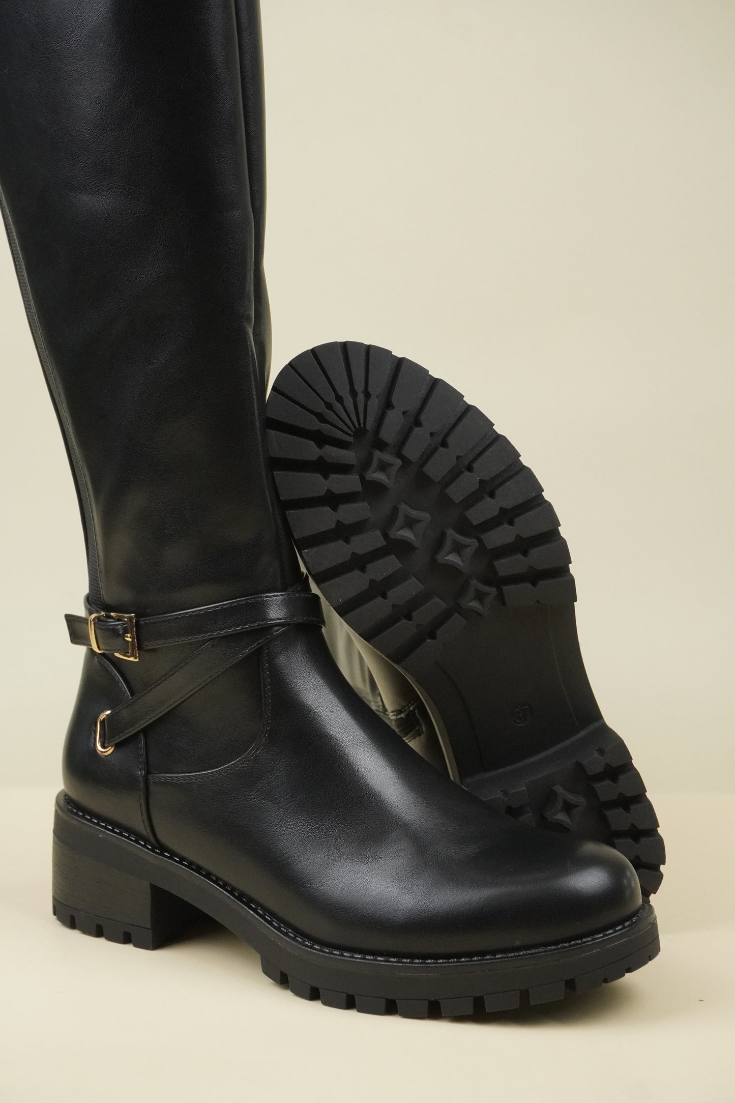 Women's Knee High Boots with Buckle Strap - Black