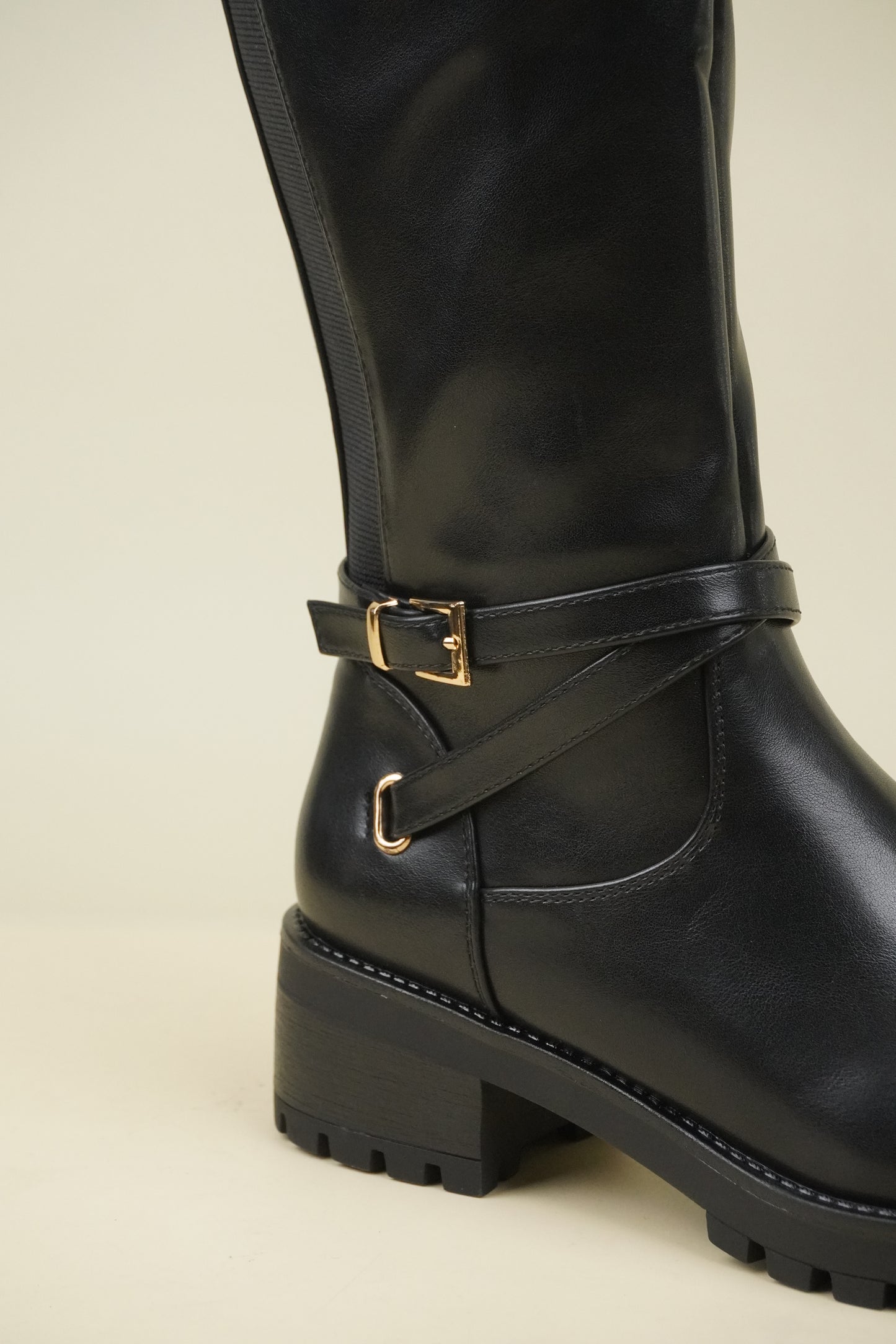 Women's Knee High Boots with Buckle Strap - Black