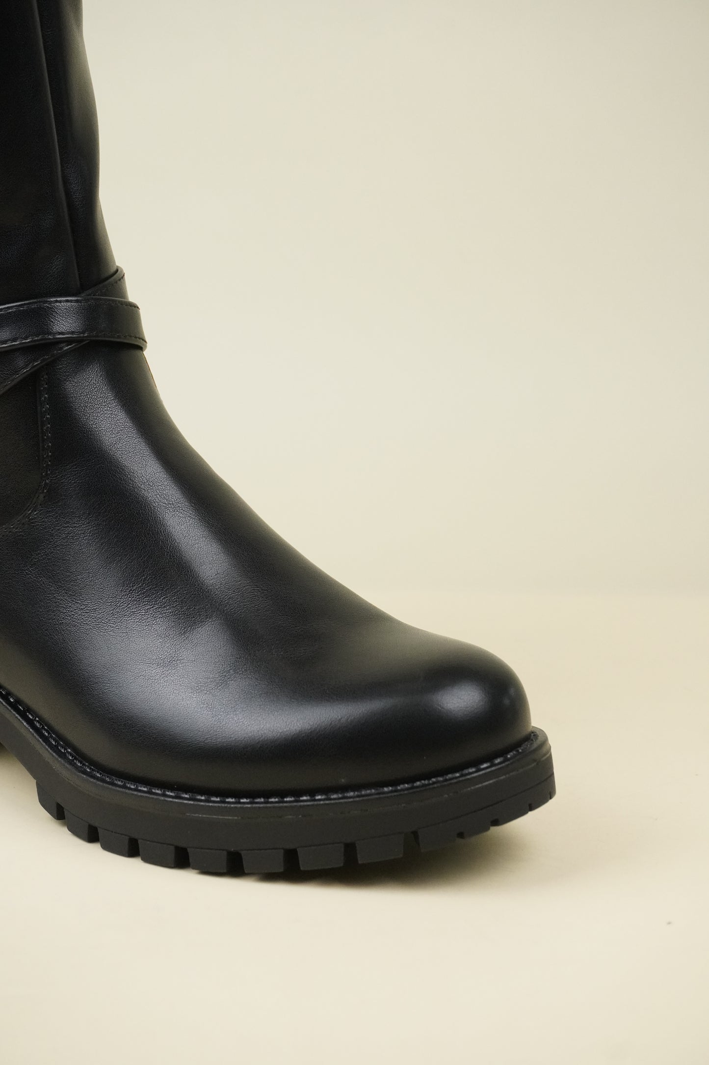 Women's Knee High Boots with Buckle Strap - Black