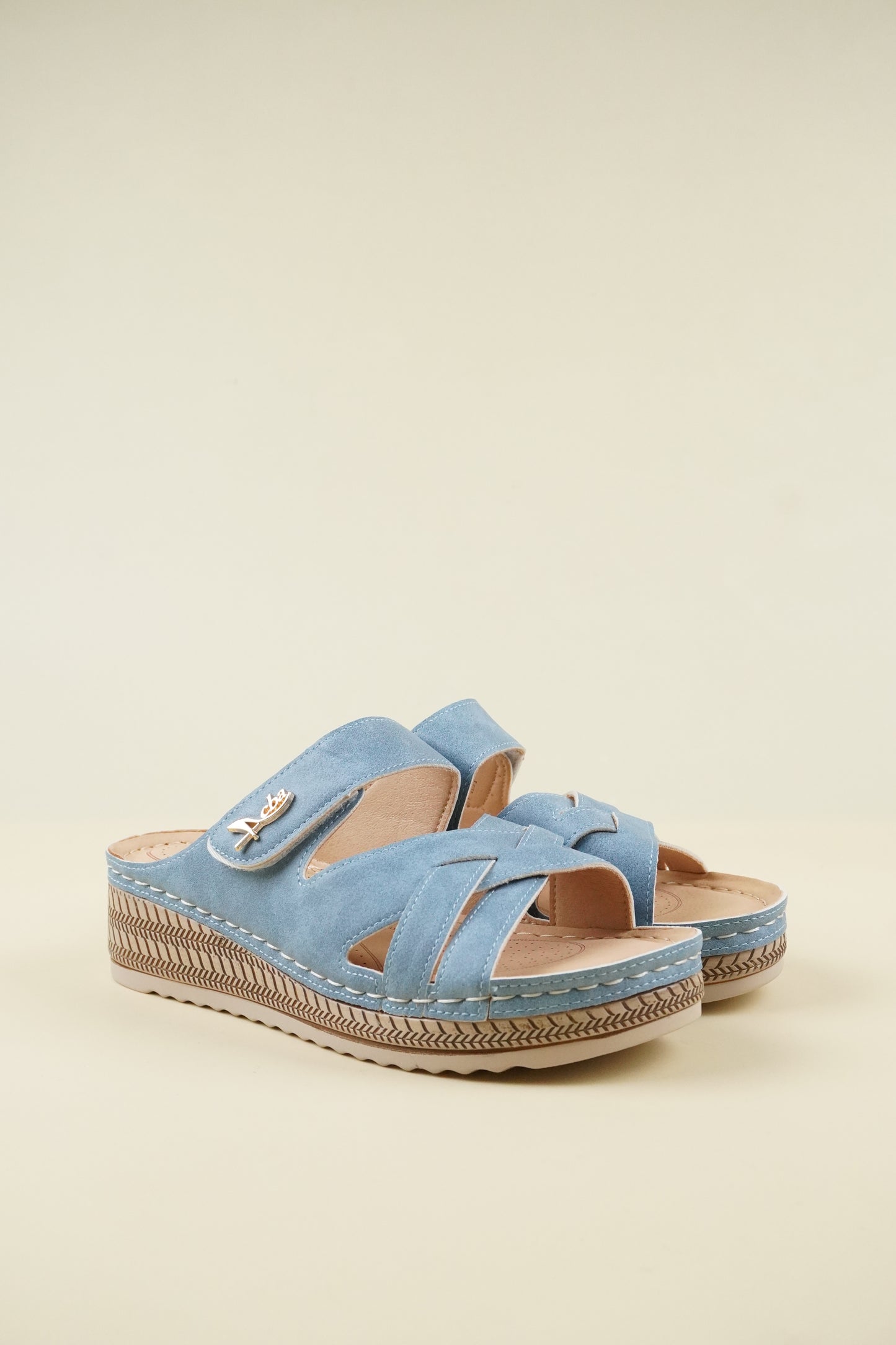 Open-Toe Wide-Fit Wedge Slippers 116 - Blue