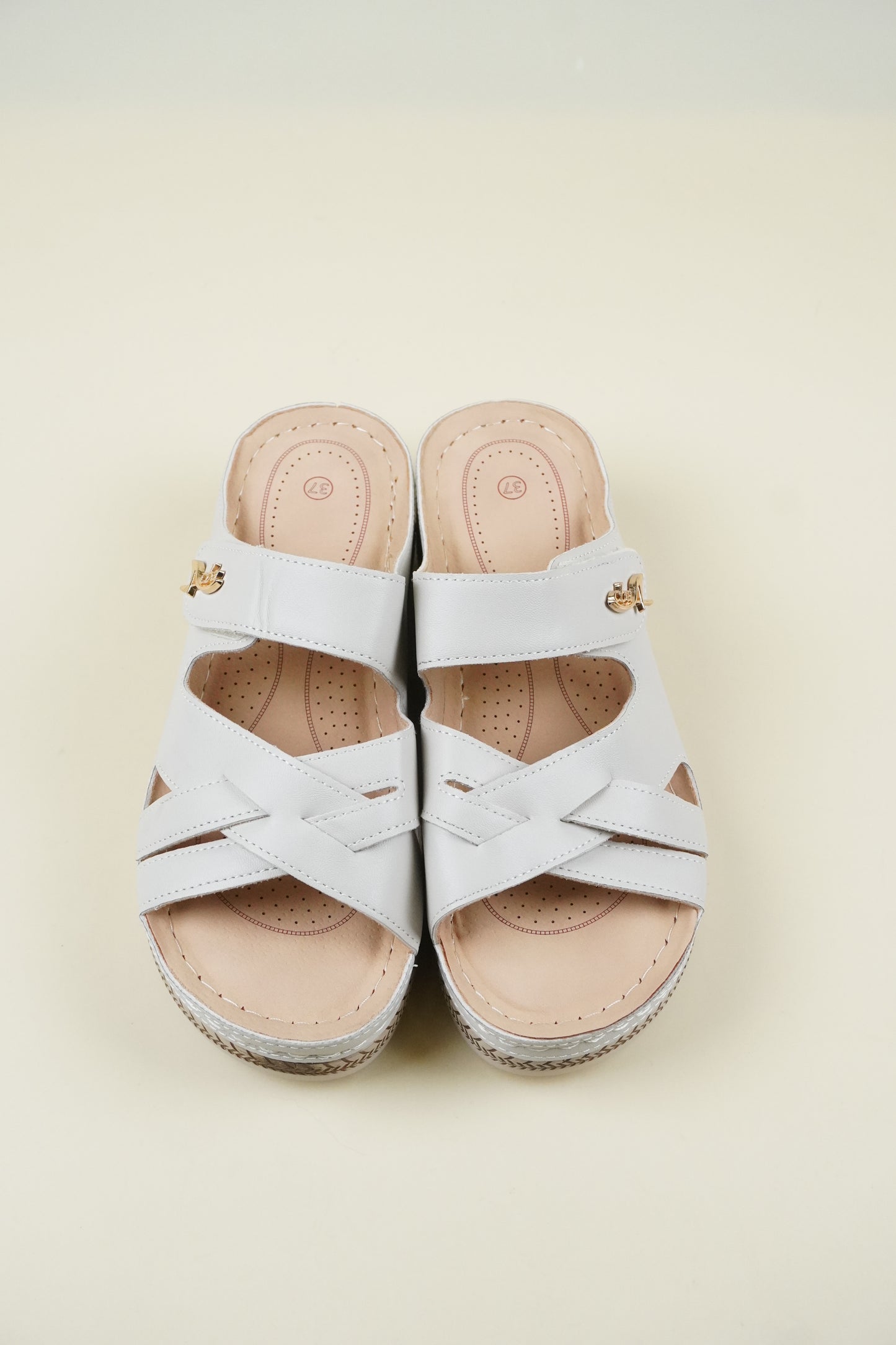 Open-Toe Wide-Fit Wedge Slippers 116 - Beige