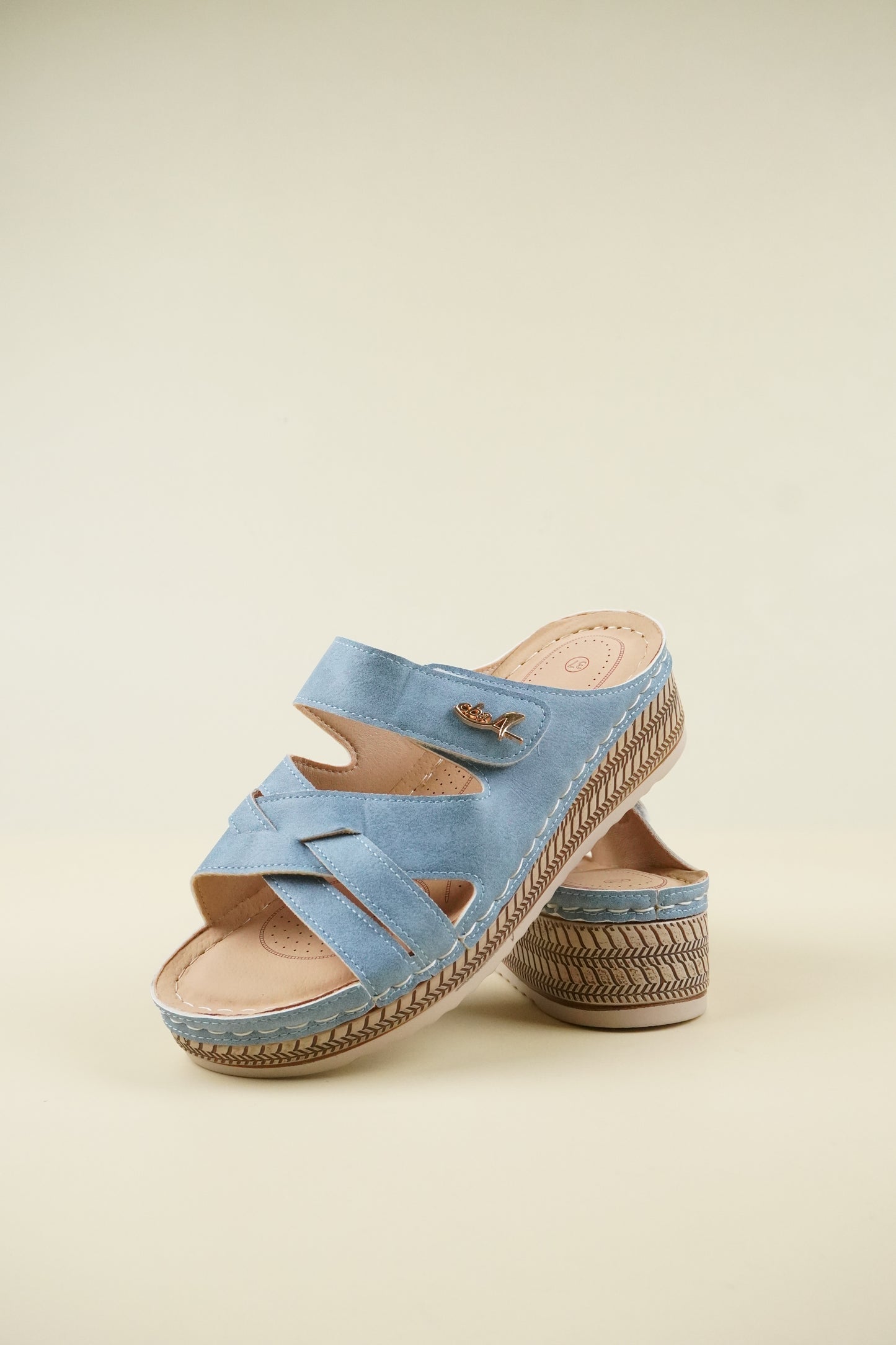 Open-Toe Wide-Fit Wedge Slippers 116 - Blue