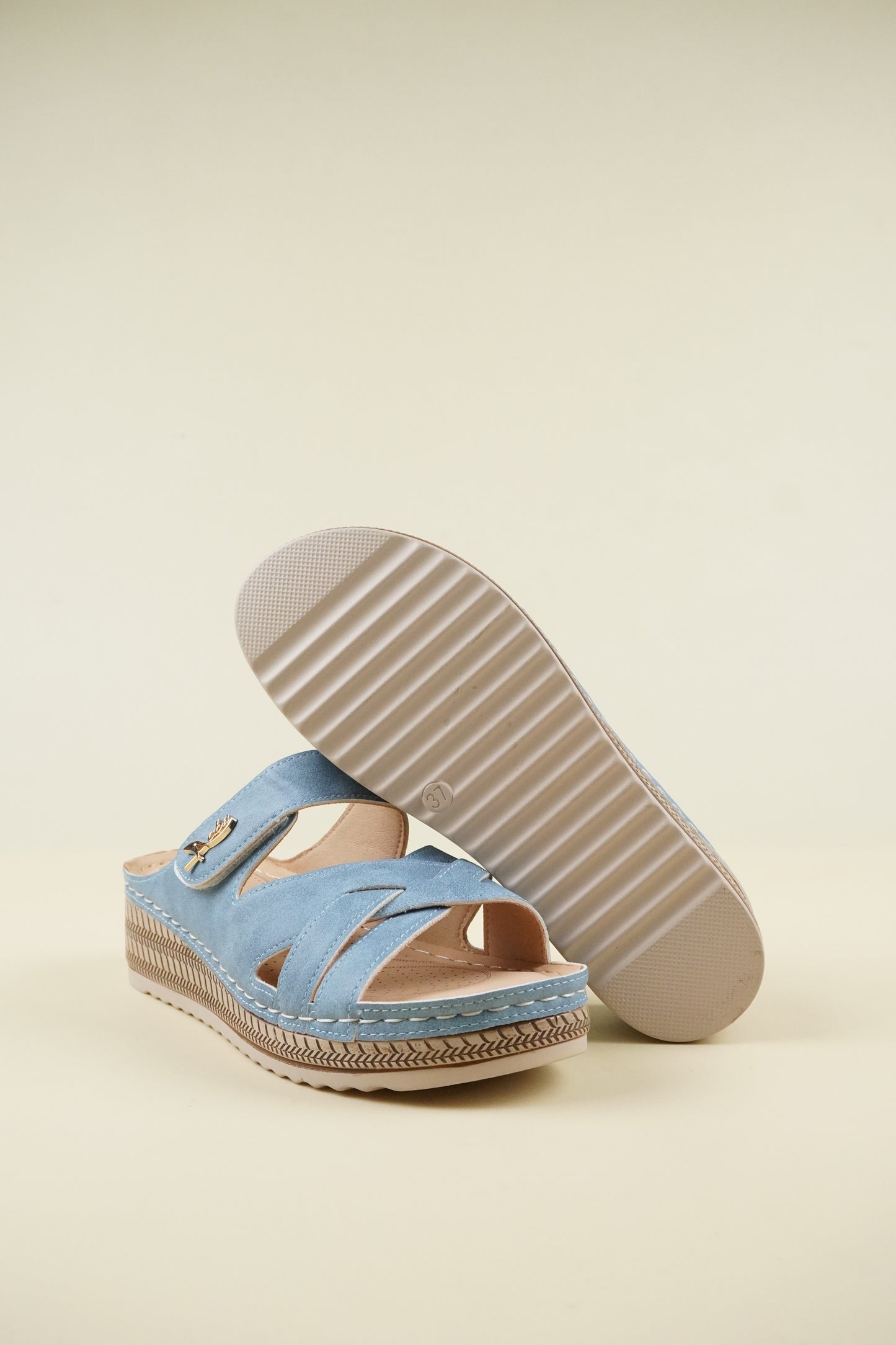 Open-Toe Wide-Fit Wedge Slippers 116 - Blue