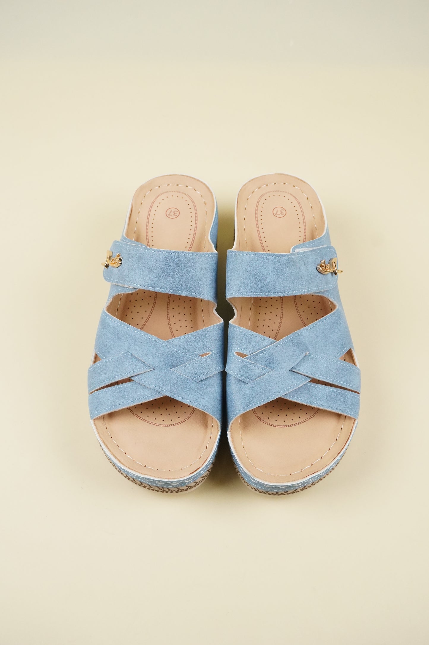 Open-Toe Wide-Fit Wedge Slippers 116 - Blue