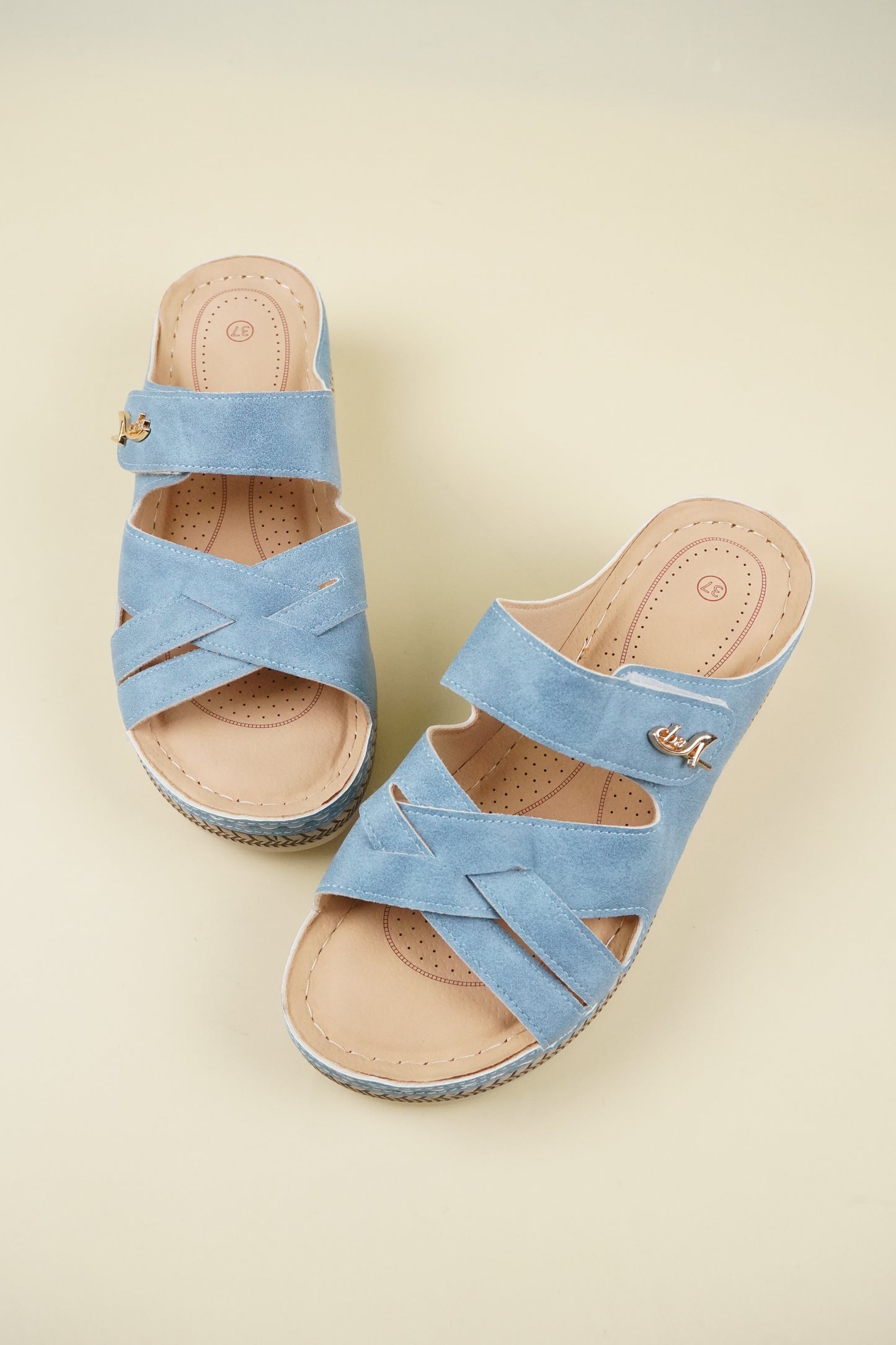 Open-Toe Wide-Fit Wedge Slippers 116 - Blue